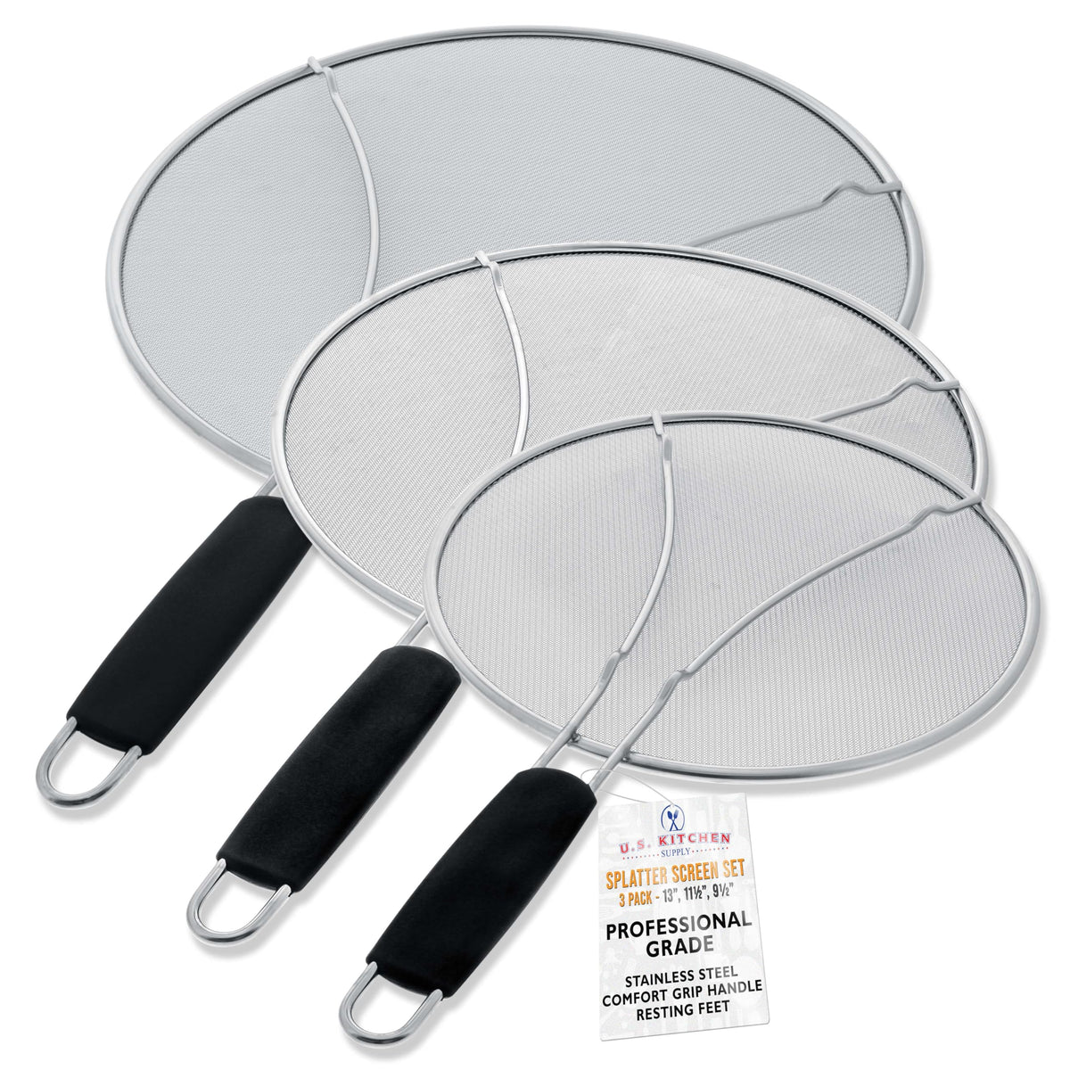 U.S. Kitchen Supply front view of three splatter guards showing sizes and finish, reduces mess