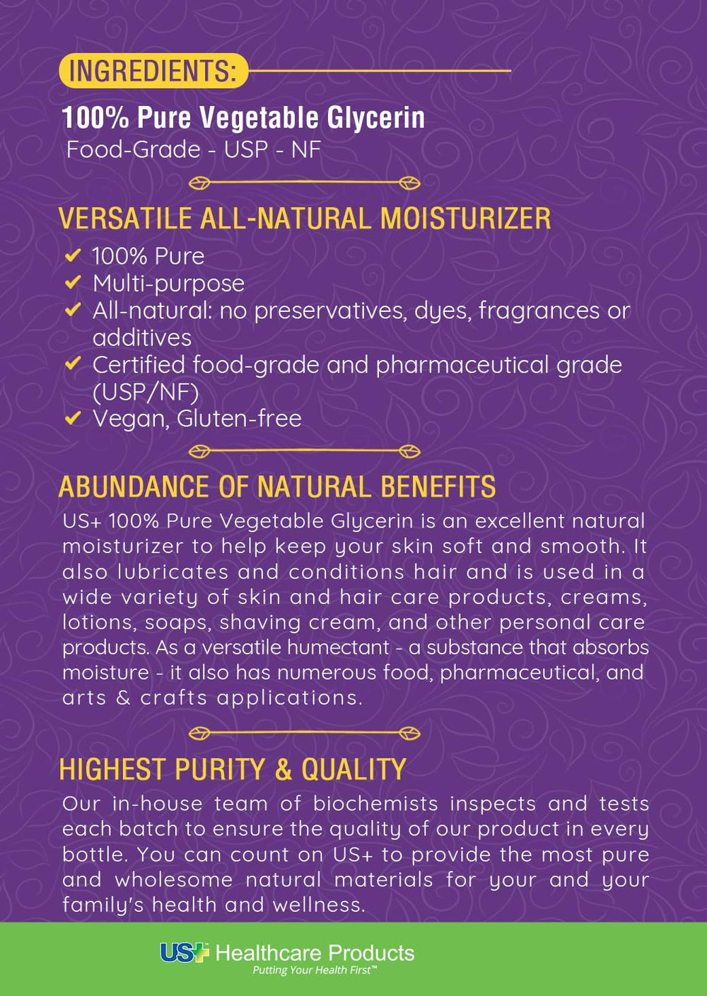 US+ glycerin gallon next to ruler showing scale and long-lasting supply benefit