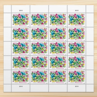United States Postal Service front sheet showing two sheets of Celebration Blooms stamps, decorative and ready