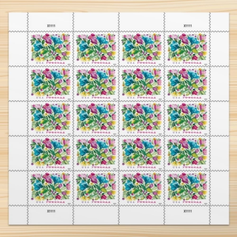 United States Postal Service front sheet showing two sheets of Celebration Blooms stamps, decorative and ready