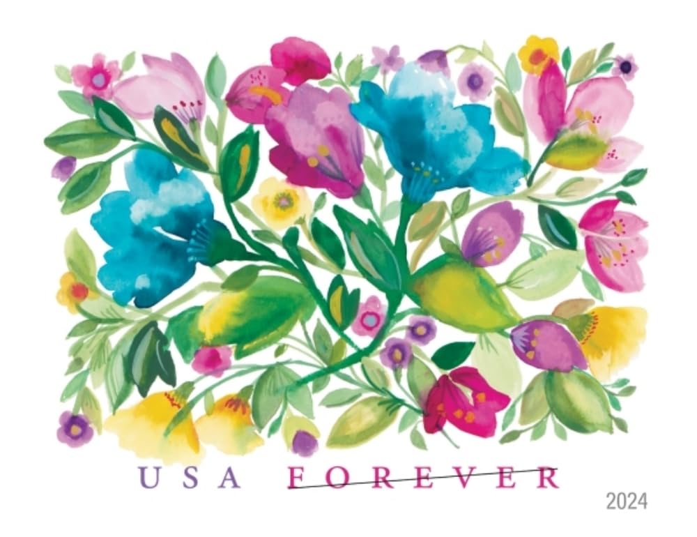 United States Postal Service label area and Forever indicator on Celebration Blooms stamp, confirming postage value
