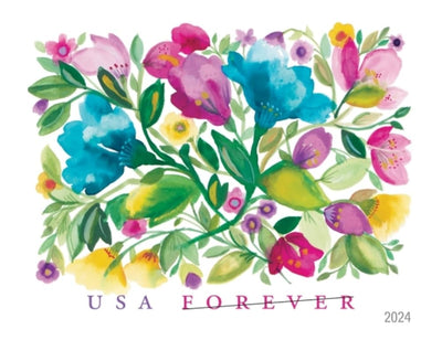 United States Postal Service label area and Forever indicator on Celebration Blooms stamp, confirming postage value