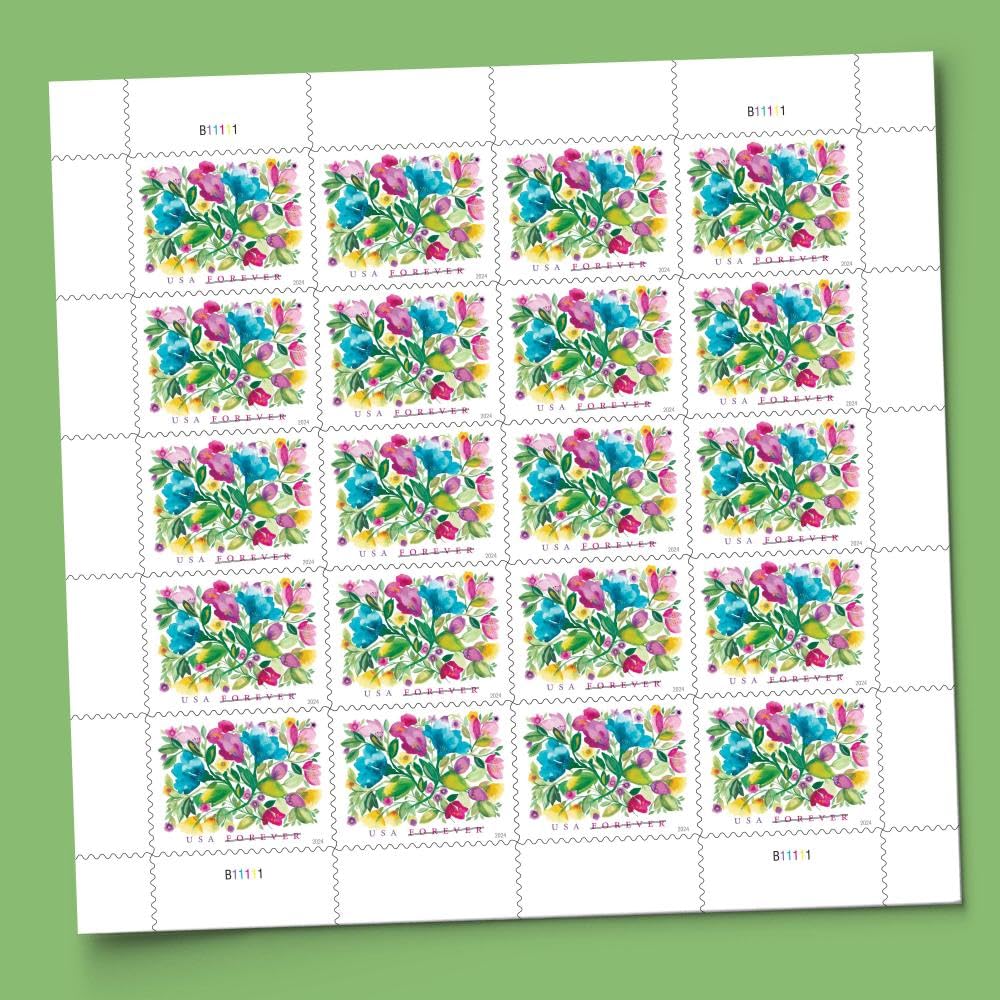 United States Postal Service sheet held in hand to show scale of Celebration Blooms stamps for planning