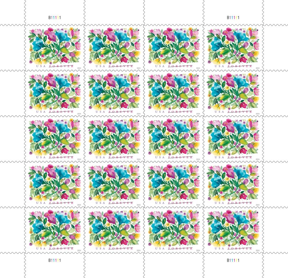 United States Postal Service Celebration Blooms stamps applied to an RSVP envelope, enhancing presentation