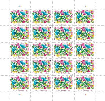 United States Postal Service Celebration Blooms stamps applied to an RSVP envelope, enhancing presentation
