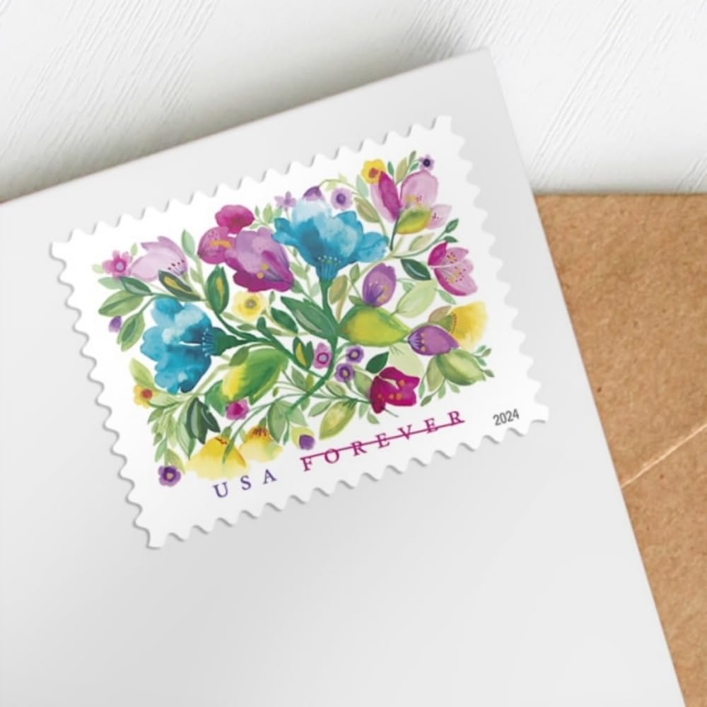 United States Postal Service close-up of a single Celebration Blooms stamp, highlighting vibrant colors and clarity