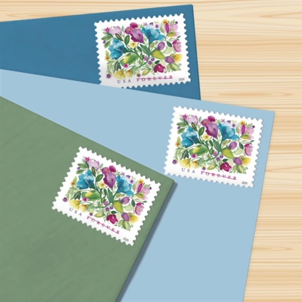 United States Postal Service gouache texture detail on Celebration Blooms stamp, showing rich pigment and depth
