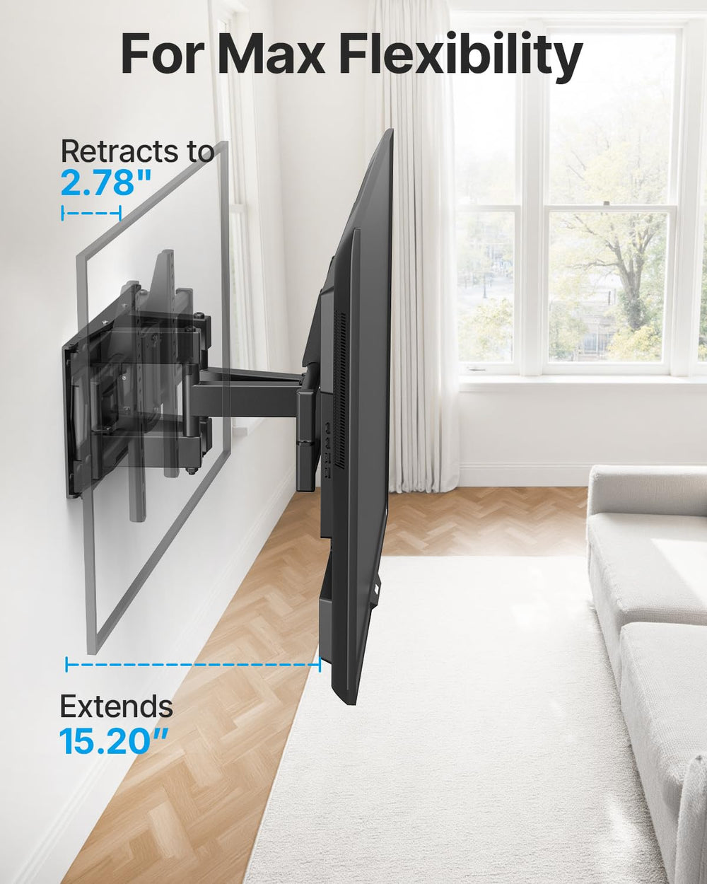USX STAR mounted TV profile view showing low-profile, space-saving benefit