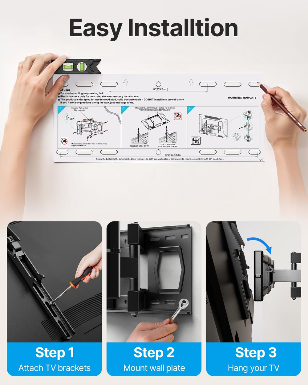 USX STAR mount secured to a 16-inch wood stud showing strong, stable attachment