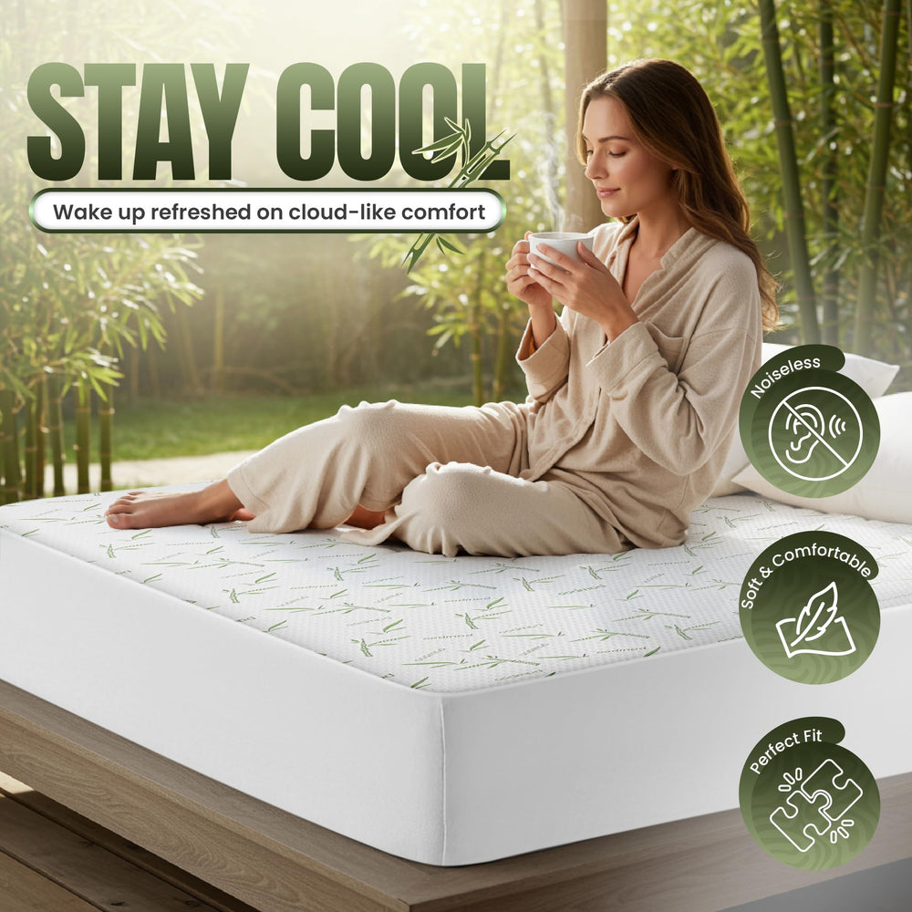 Utopia Bedding protector colocado en cama con topper, comodidad y protección visibles
