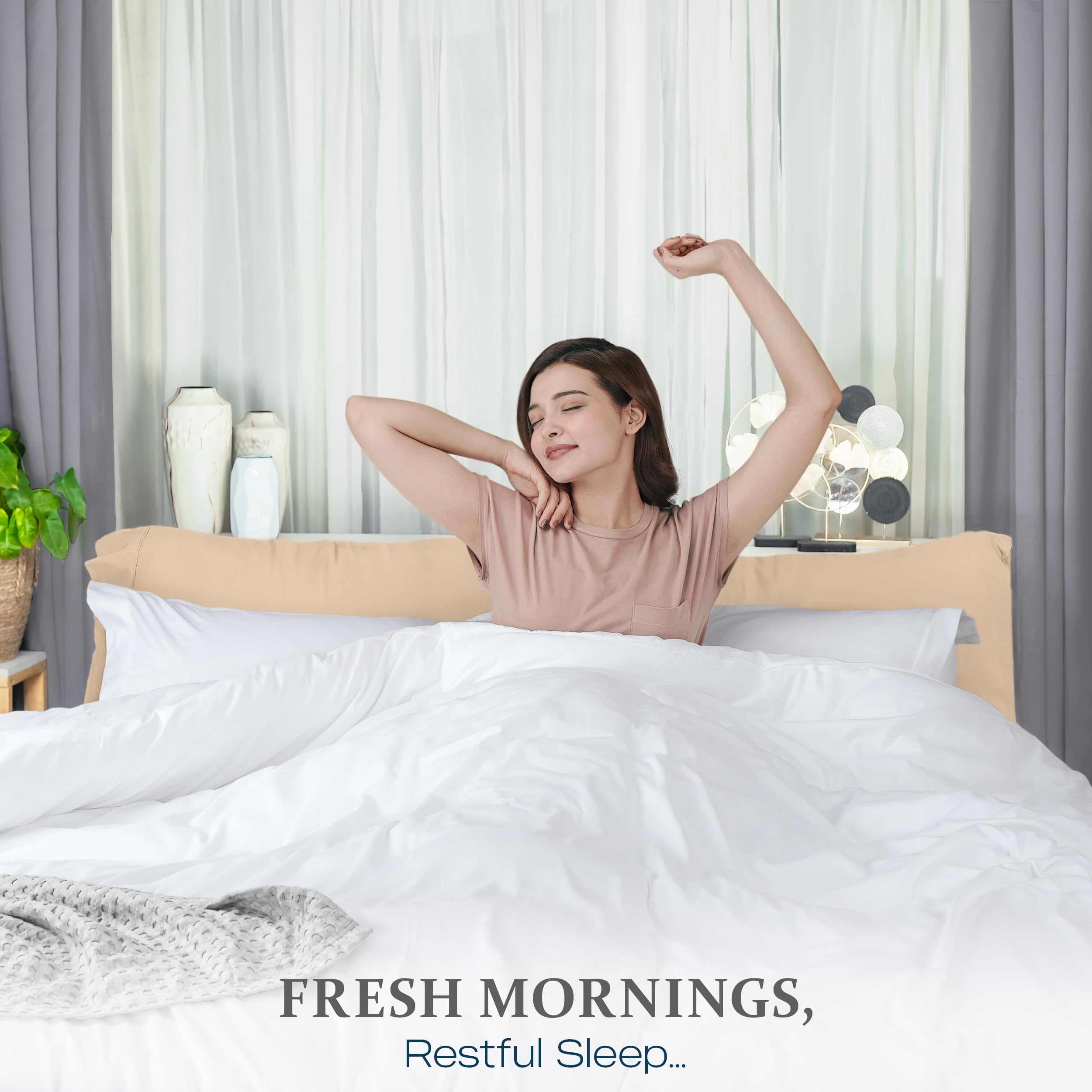 Utopia Bedding funda colocada en cama estilizada, estética moderna y limpia