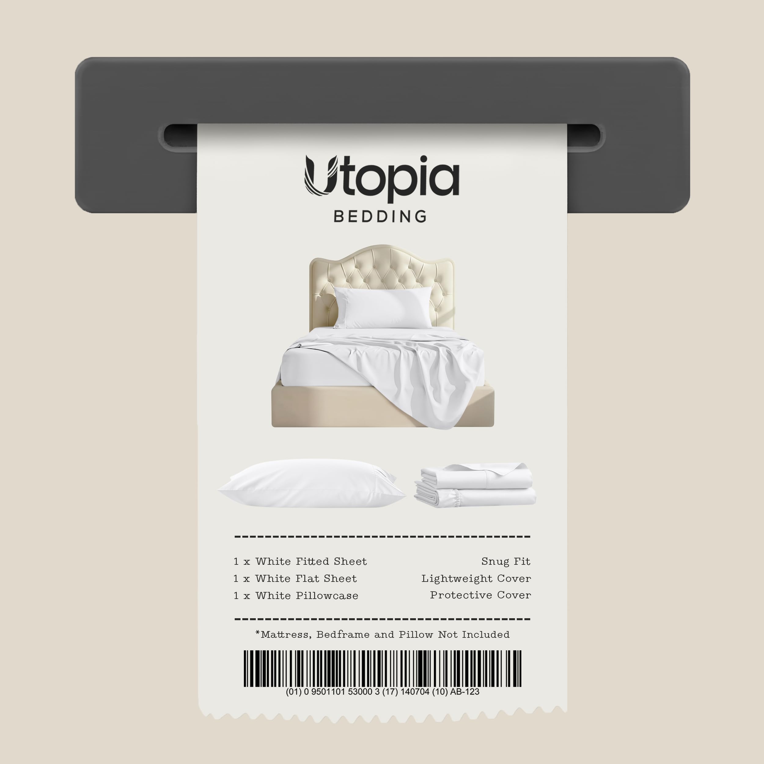 Utopia Bedding etiqueta con instrucciones de cuidado y dimensiones claras