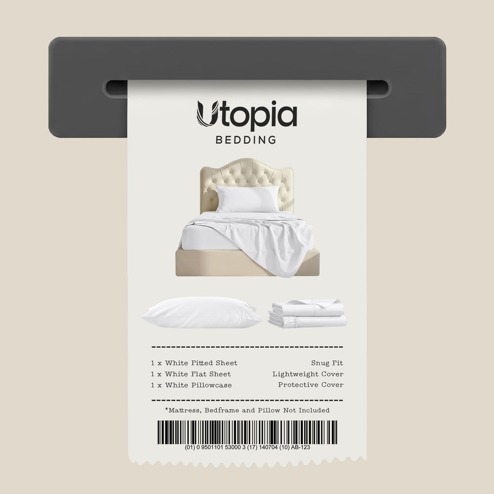 Utopia Bedding etiqueta con instrucciones de cuidado y dimensiones claras