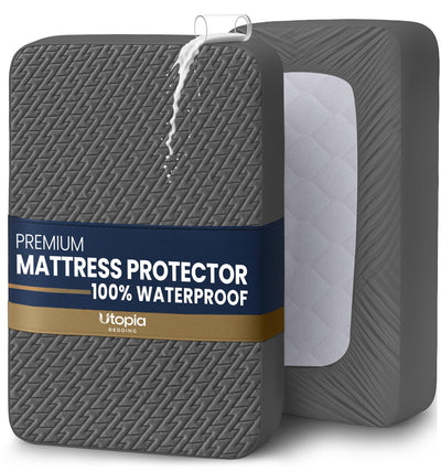 Utopia Bedding frente del empaque mostrando protector Full y beneficio impermeable