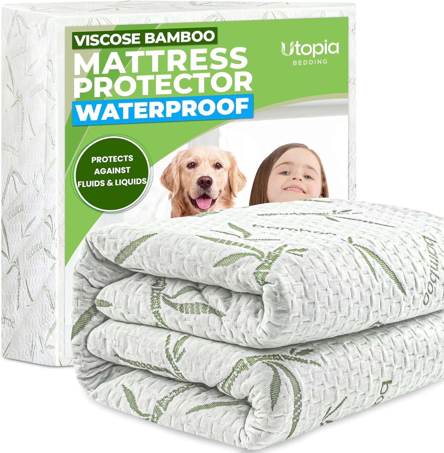 Utopia Bedding vista frontal del protector Full mostrando el ajuste y diseño protector