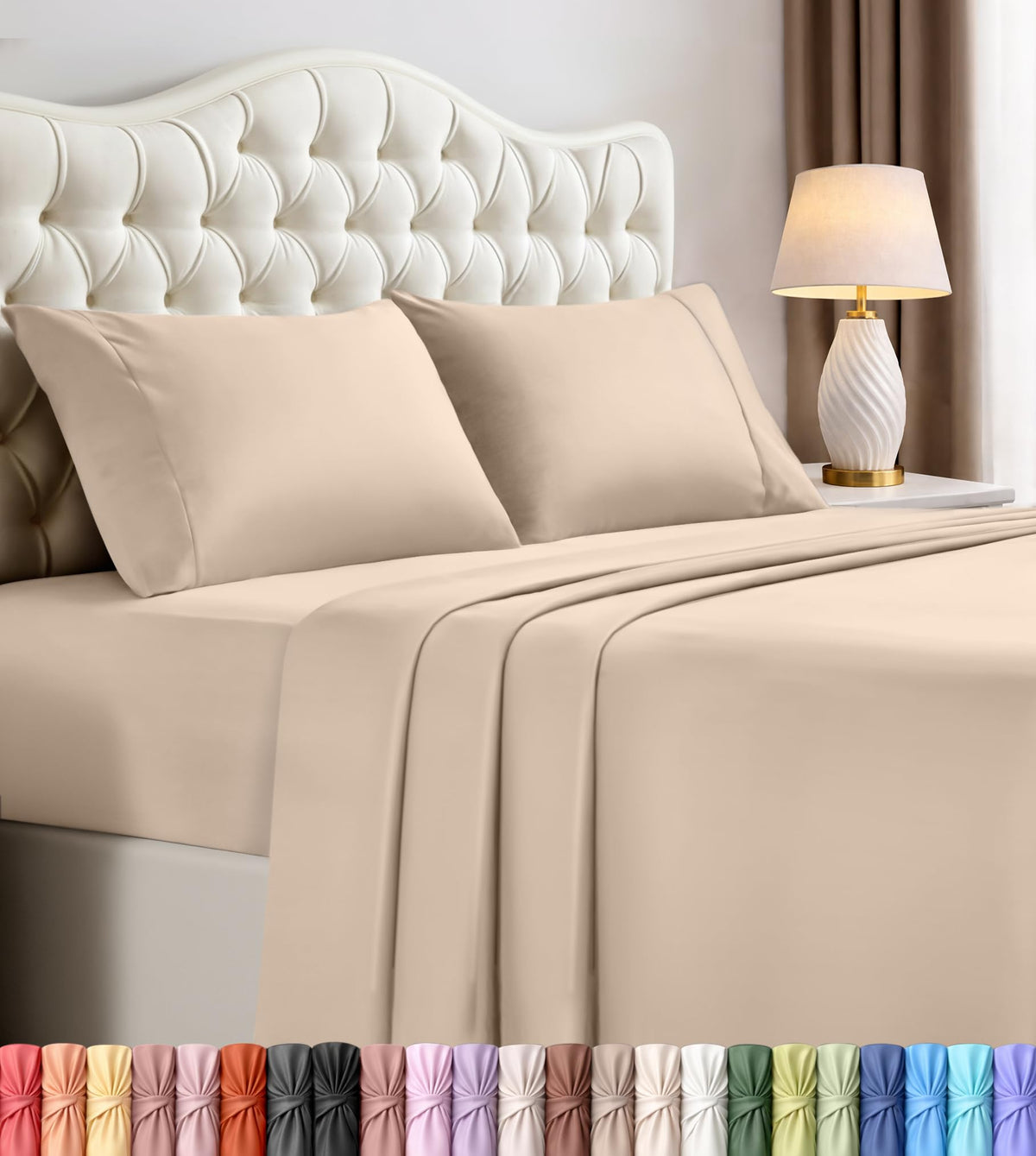 Utopia Bedding vista frontal del empaque beige muestra set completo y atractivo