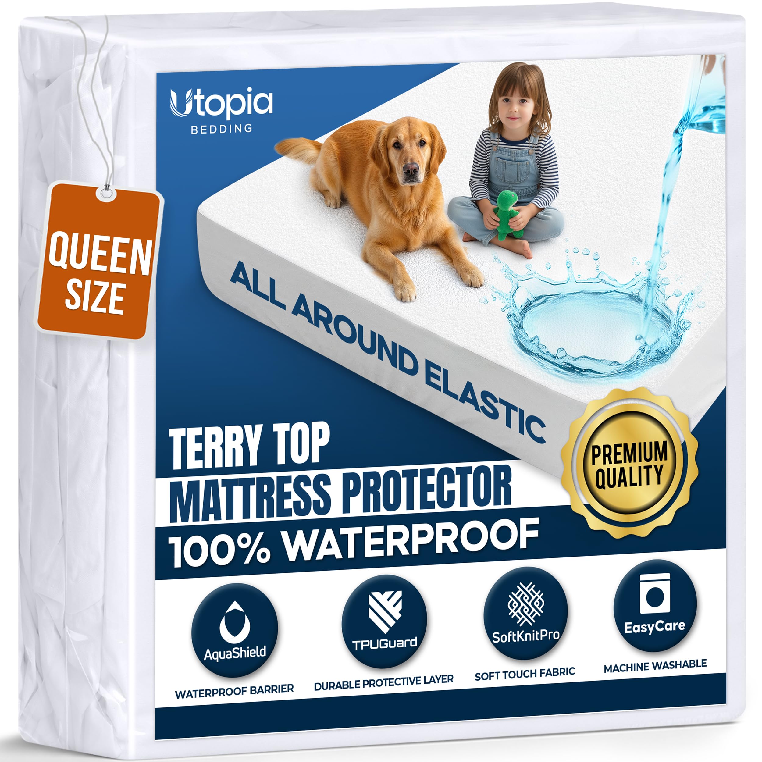 Utopia Bedding vista frontal del protector Queen mostrando ajuste seguro