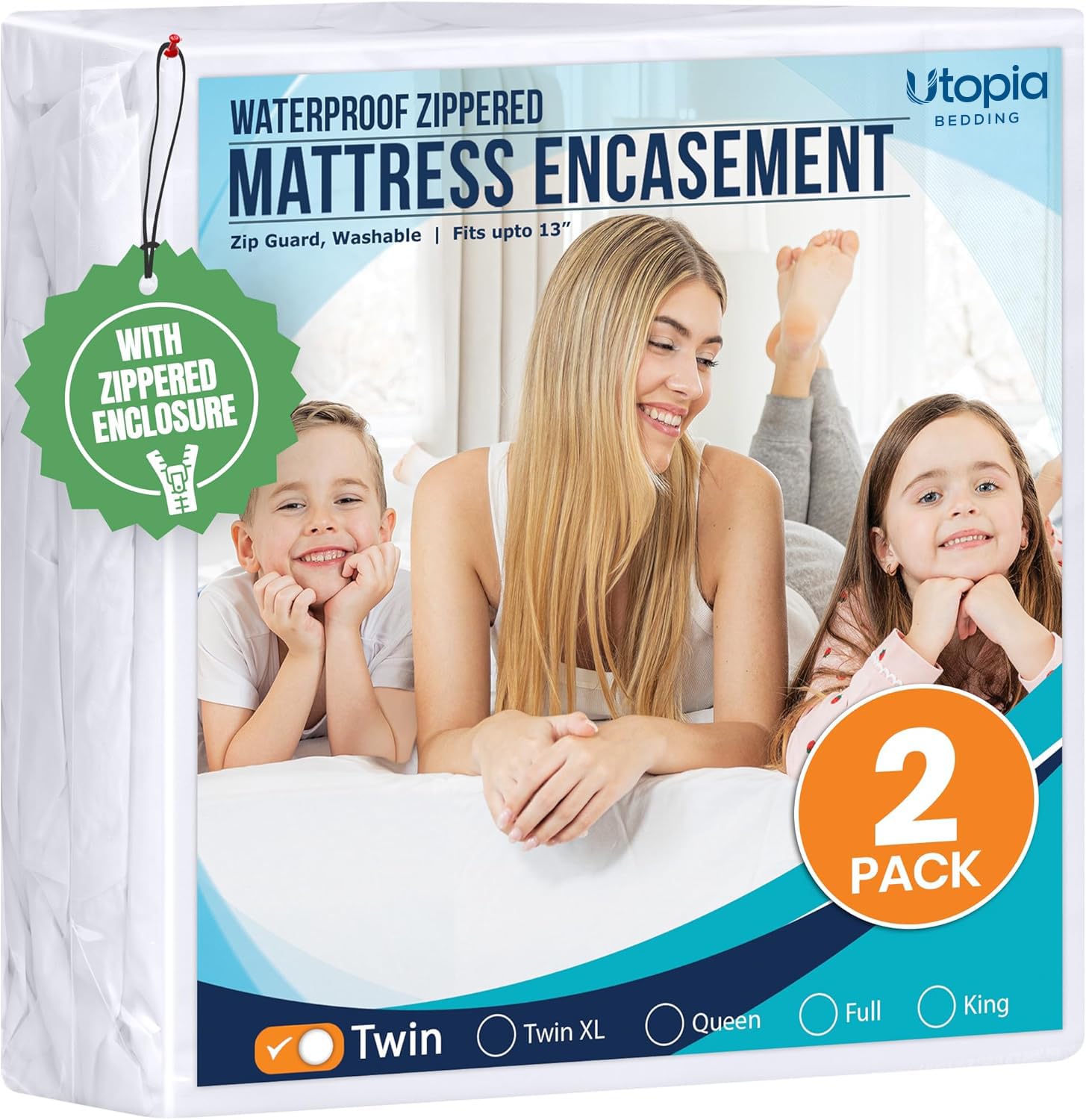 Utopia Bedding empaque frontal mostrando pack de 2 protectores, protección inmediata
