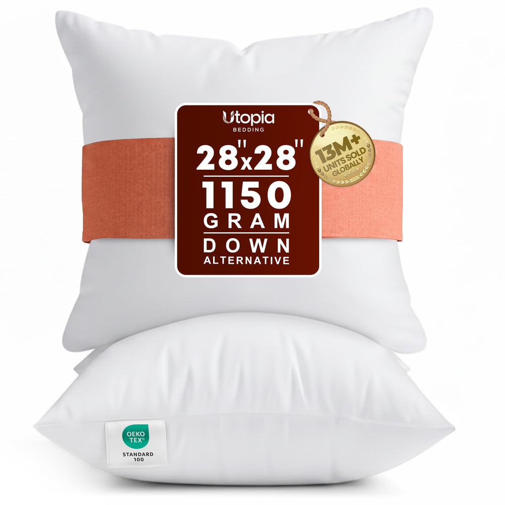 Utopia Bedding vista frontal del pack de 2 cojines mostrando tamaño y forma, mejora confort