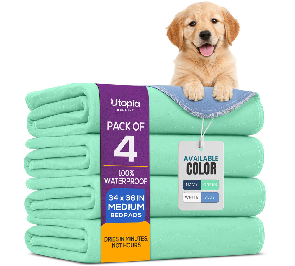 Utopia Bedding frontal del pack mostrando las 4 almohadillas y beneficios de protección