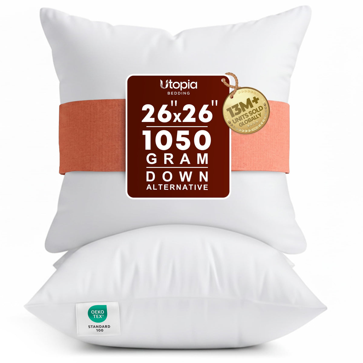 Utopia Bedding vista frontal del pack de dos cojines con aspecto mullido