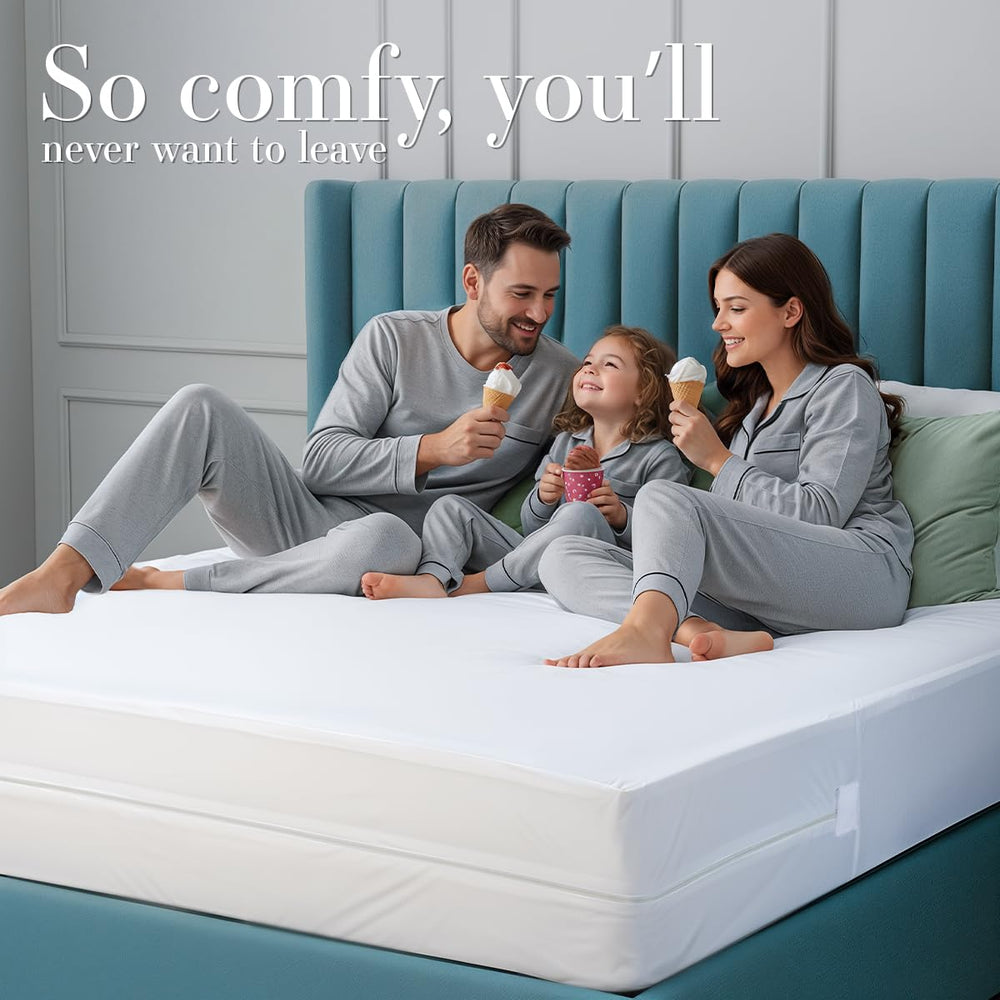 Utopia Bedding protector colocado en cama ambiente dormitorio protegido