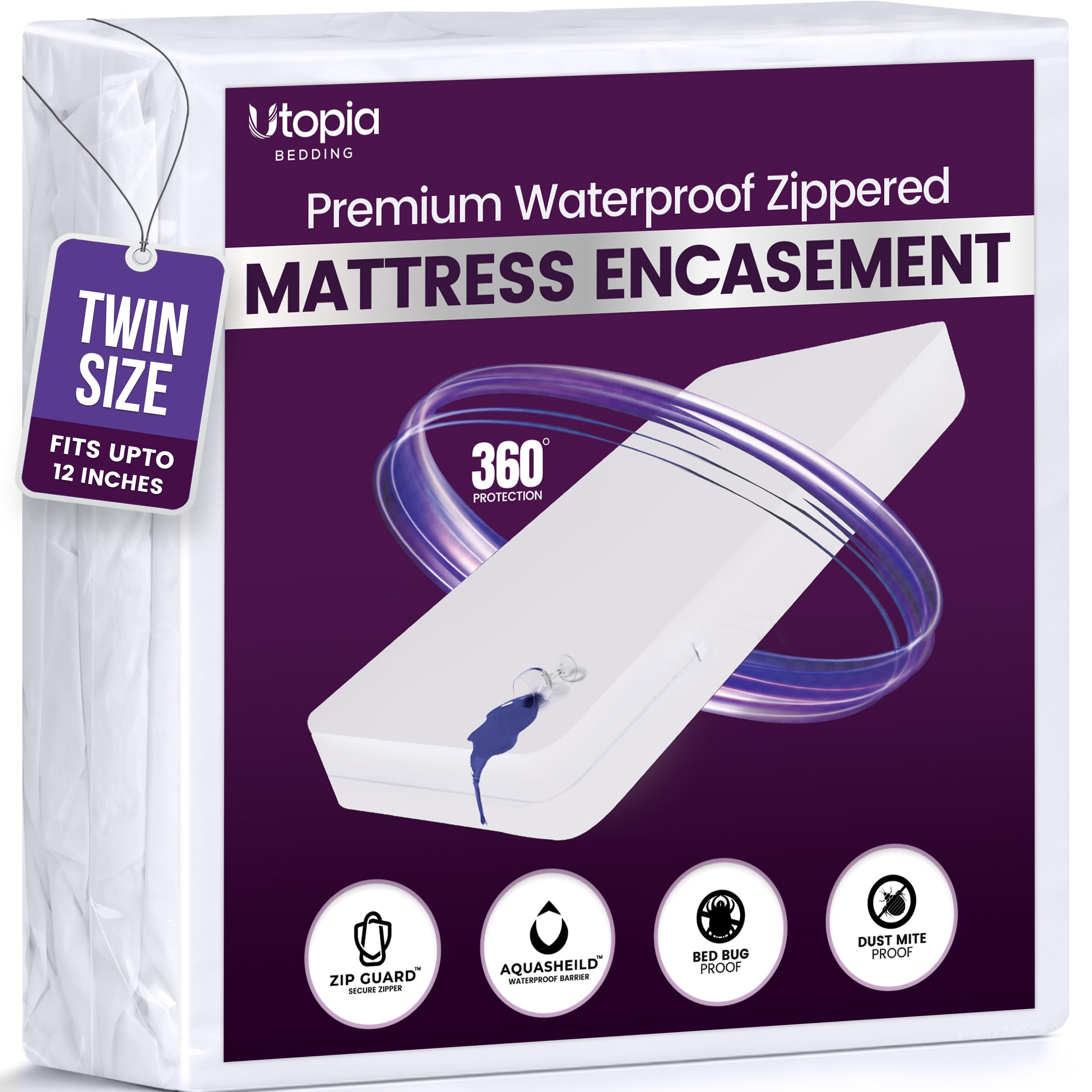 Utopia Bedding vista frontal del protector, protección total y ajuste seguro