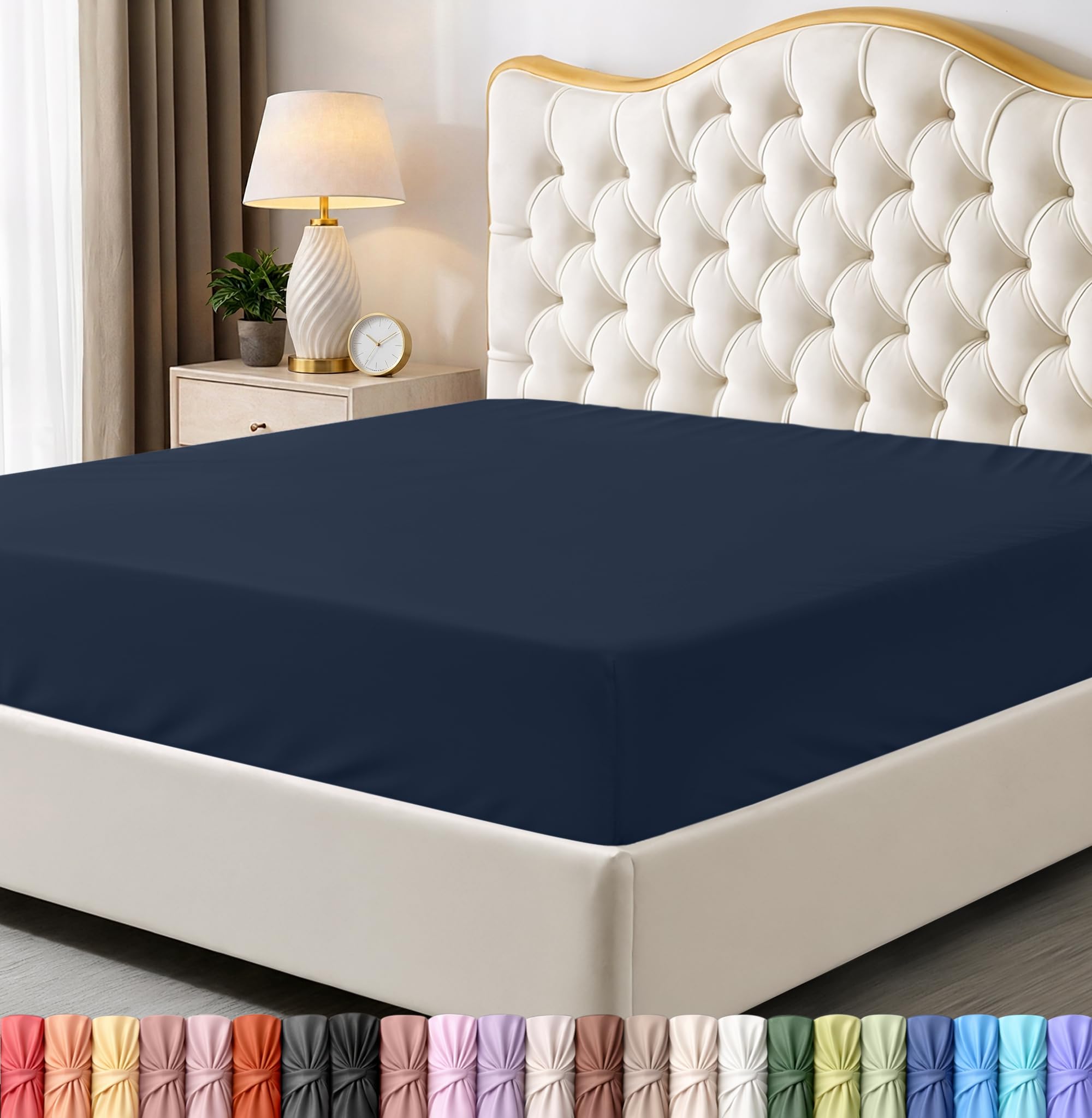 Utopia Bedding vista frontal del embalaje mostrando color navy y ajuste queen