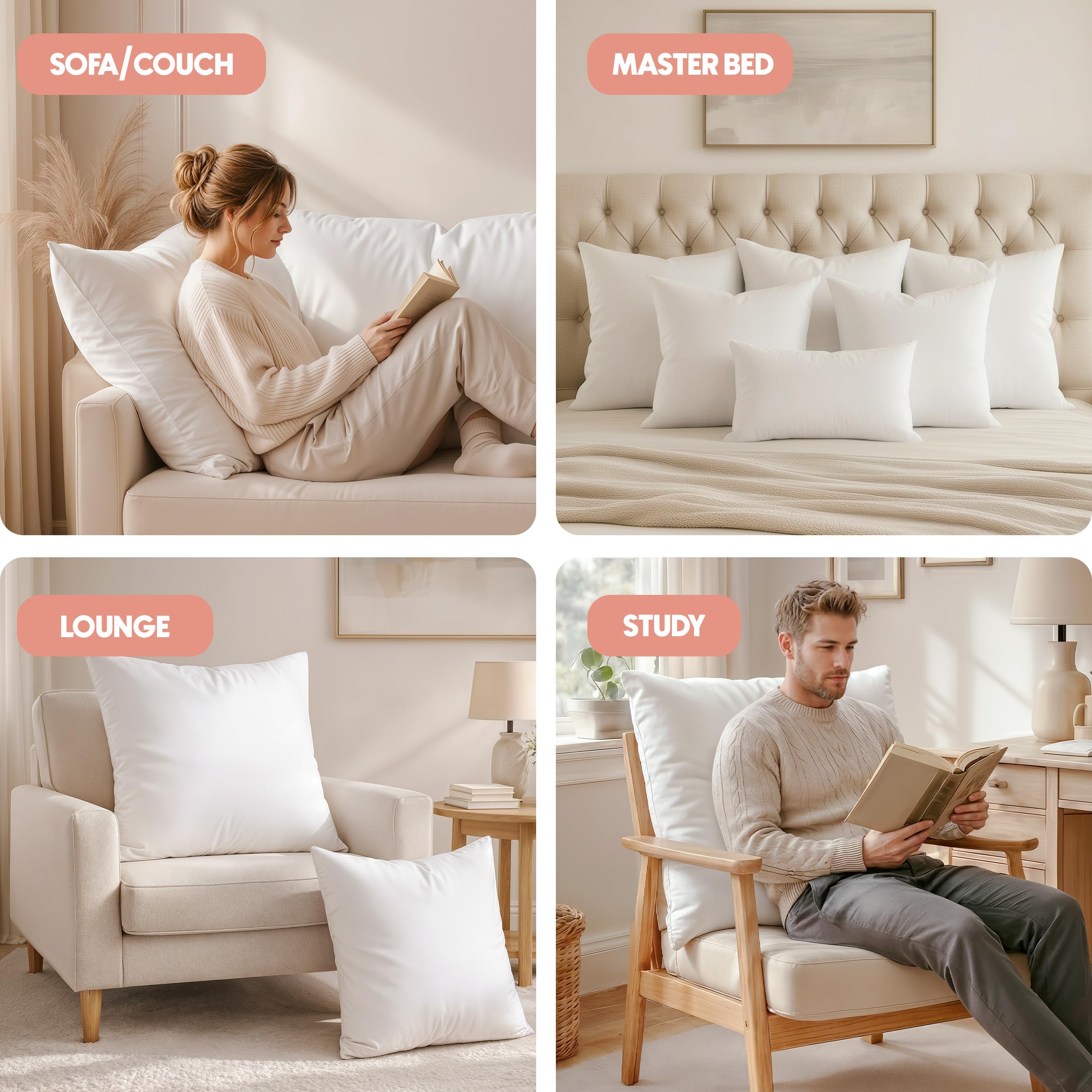Utopia Bedding cojín sobre sofá para comparar escala y aportar confort visual