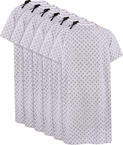 Utopia Care front view of six blue red diamond gowns showing pack and print benefit