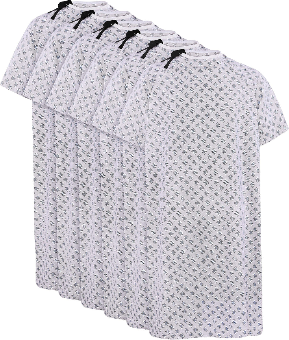 Utopia Care front view of six blue red diamond gowns showing pack and print benefit