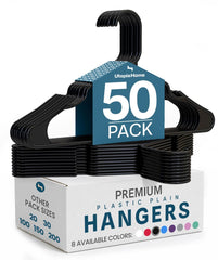 Utopia Home front pack showing 50 black plastic hangers and value