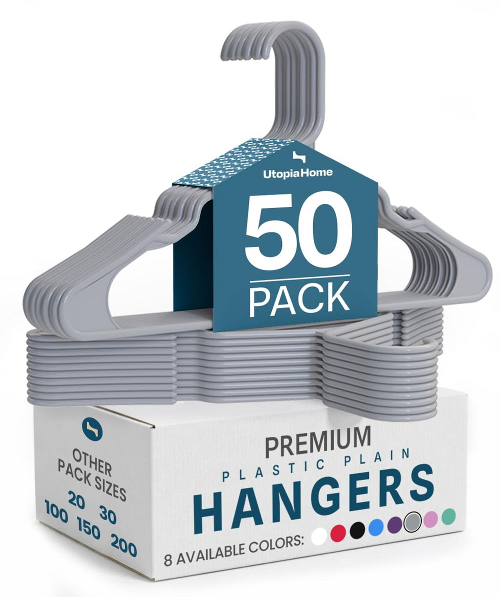Utopia Home vista frontal del pack de 50 perchas grises que ahorra espacio