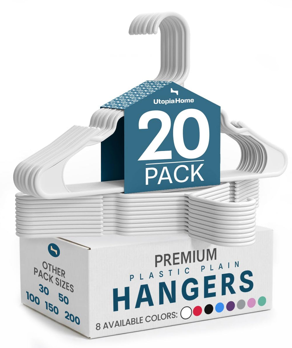 Utopia Home pack frontal mostrando 20 perchas blancas ordenadas, ahorro de espacio