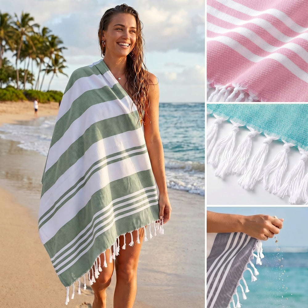 Utopia Towels detalle de rayas y etiqueta que sugiere diseño cuidado