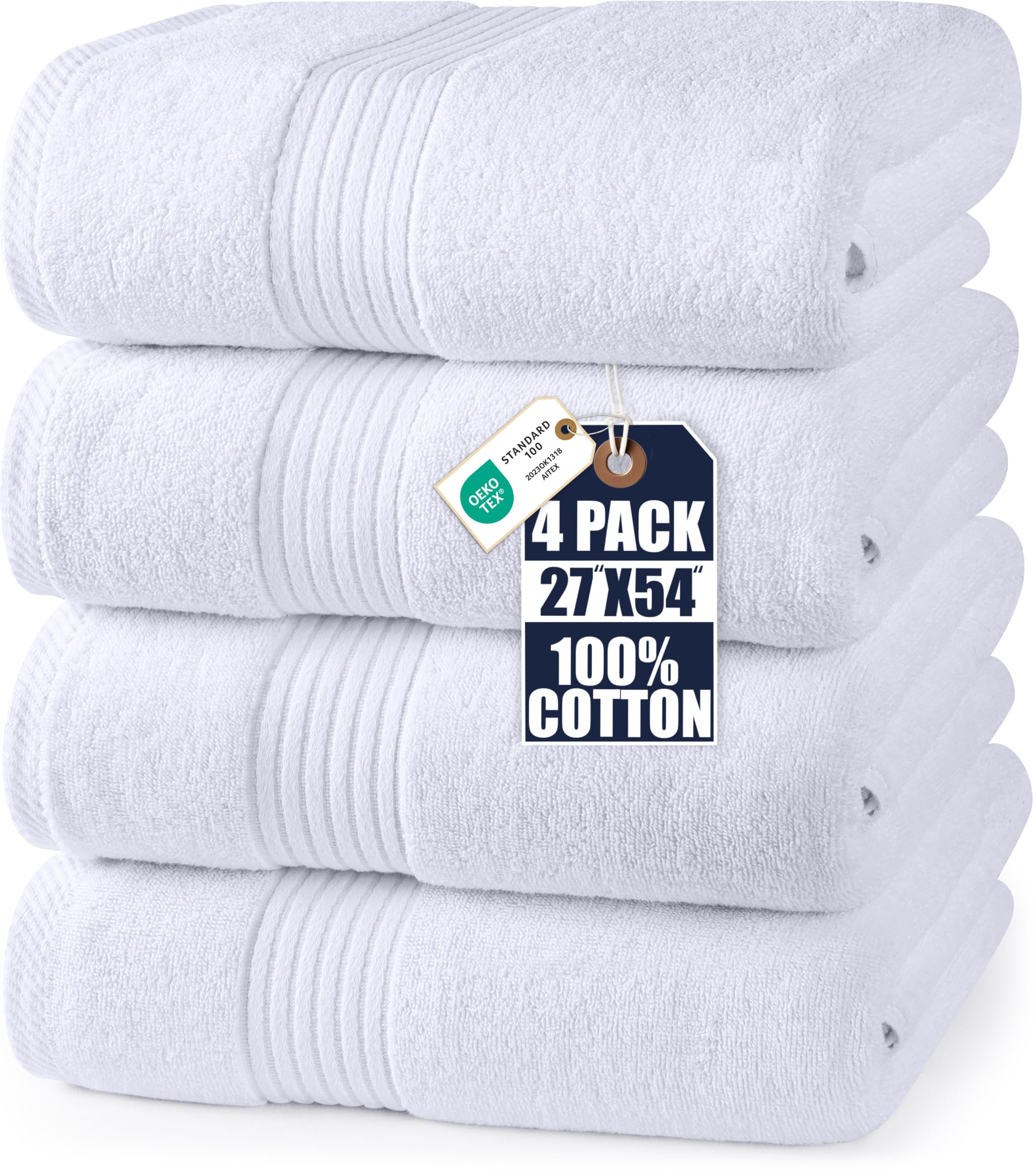 Utopia Towels vista frontal del juego de 4 toallas blancas mostrando presentación y tamaño