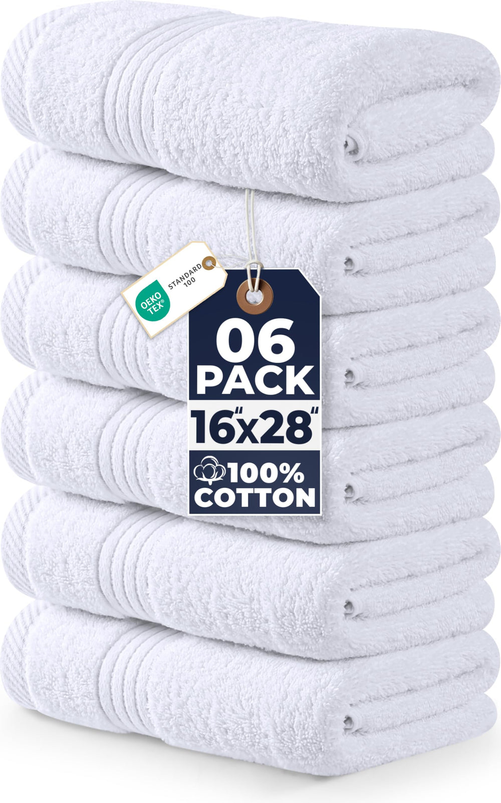 Utopia Towels paquete frontal con seis toallas blancas mostrando tamaño y presentación