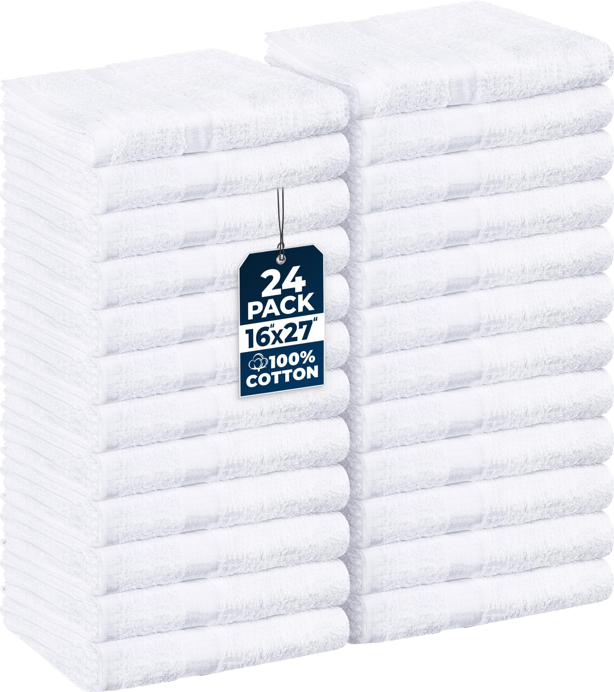 Utopia Towels vista frontal del paquete mostrando 24 toallas blancas y ventaja de stock