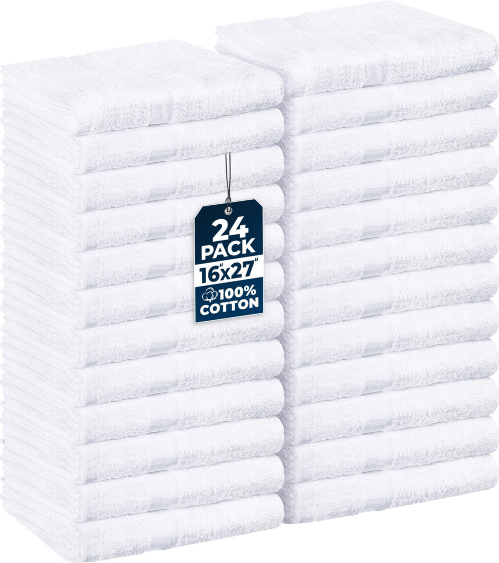 Utopia Towels vista frontal del paquete mostrando 24 toallas blancas y ventaja de stock