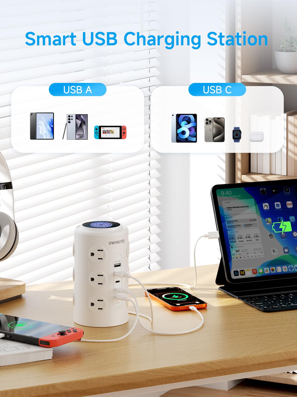 UWIWUTEI enchufe plano y cable largo, fácil colocación detrás de muebles