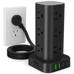 UWIWUTEI torre frontal mostrando 12 enchufes y 4 puertos USB para mayor conectividad