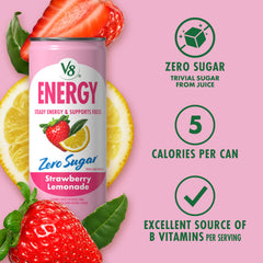 Lata abierta de V8 Energy vertida en vaso con hielo para servir fría y refrescar