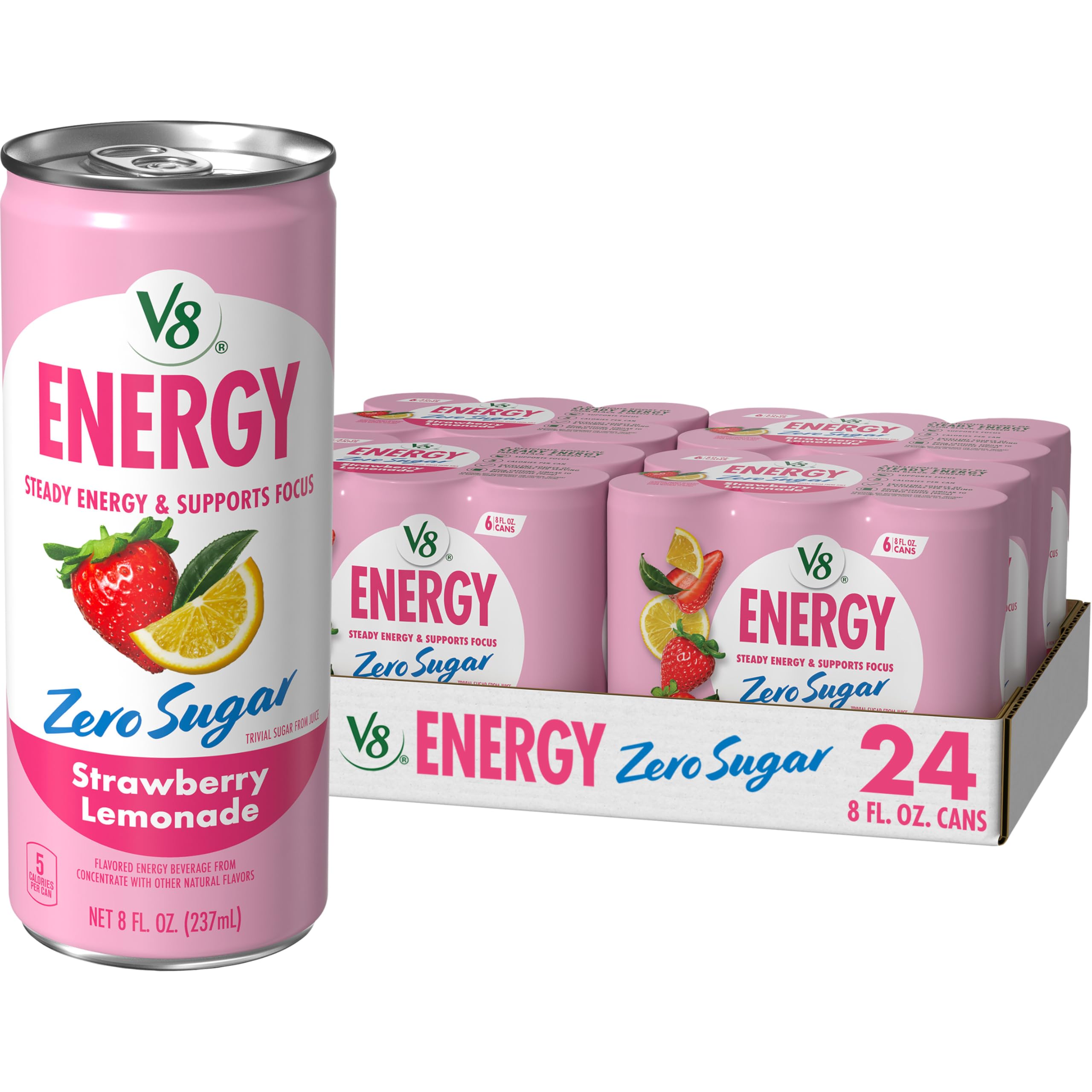 V8 Energy lata Strawberry Lemonade vista frontal con diseño llamativo y refrescante