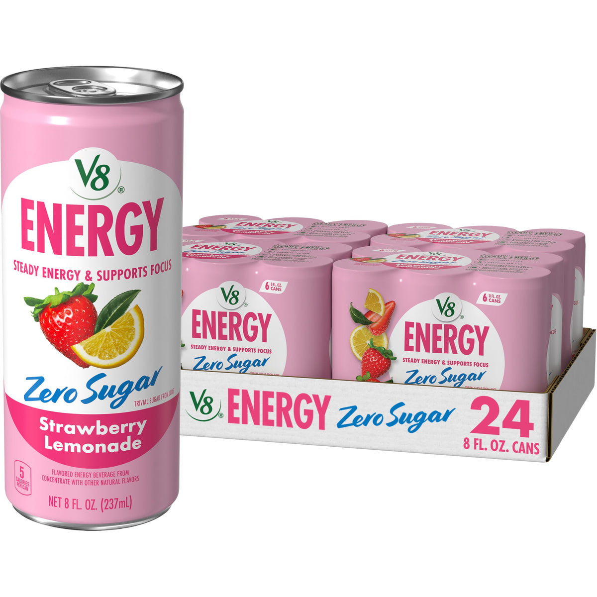 V8 Energy lata Strawberry Lemonade vista frontal con diseño llamativo y refrescante