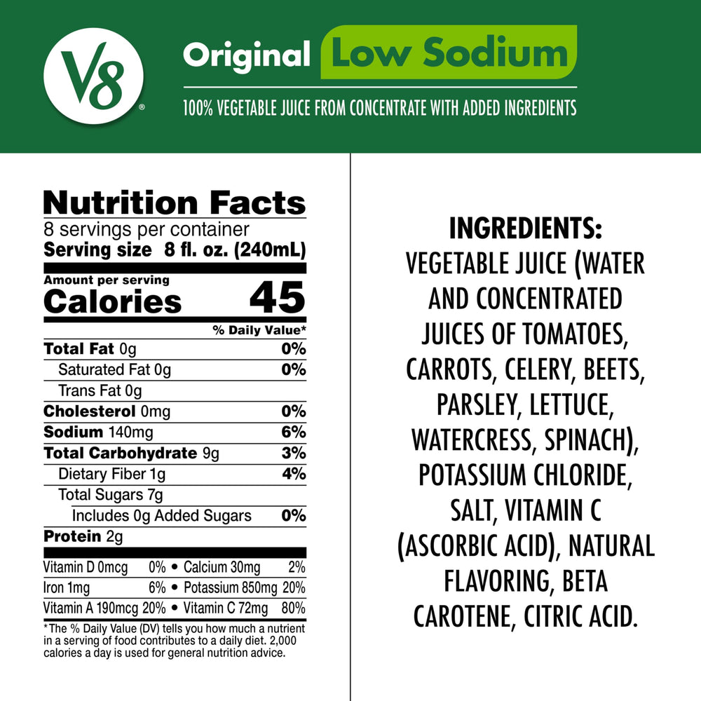 V8 low sodium label closeup highlighting nutrition facts and vitamin benefits