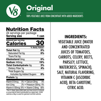 V8 original single can closeup displaying label and easy-grip design