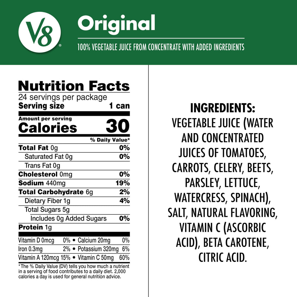 V8 original single can closeup displaying label and easy-grip design