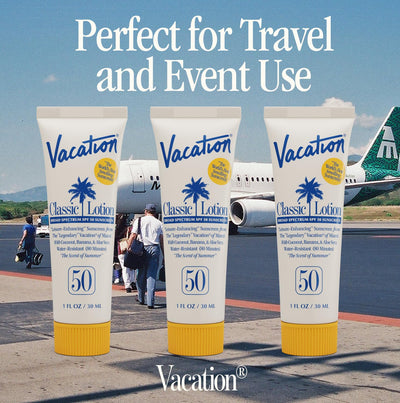 VACATION etiqueta con ingredientes y SPF 50 destacando cumplimiento y limpieza