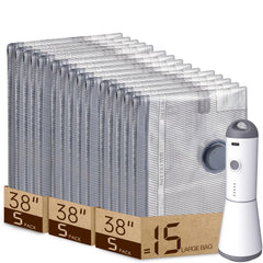 Vacbird vista frontal de la bomba y las 15 bolsas mostrando ahorro de espacio