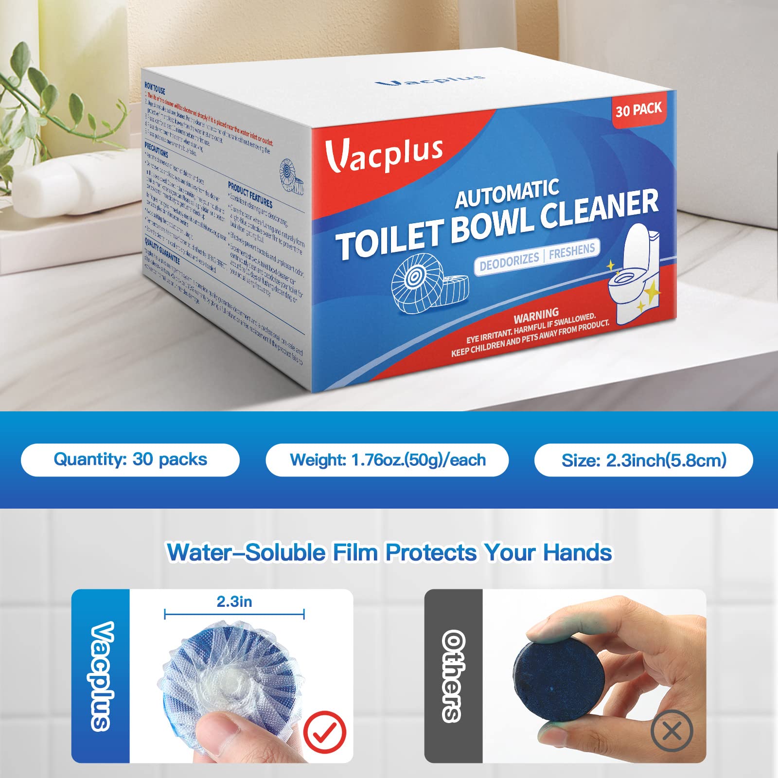 Vacplus agua azulada en taza tras uso indicando mantenimiento visible